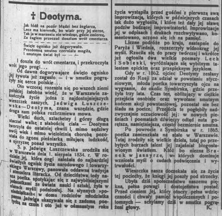 Nota upamiętniająca Jadwigę Łuszczewską - Deotymę