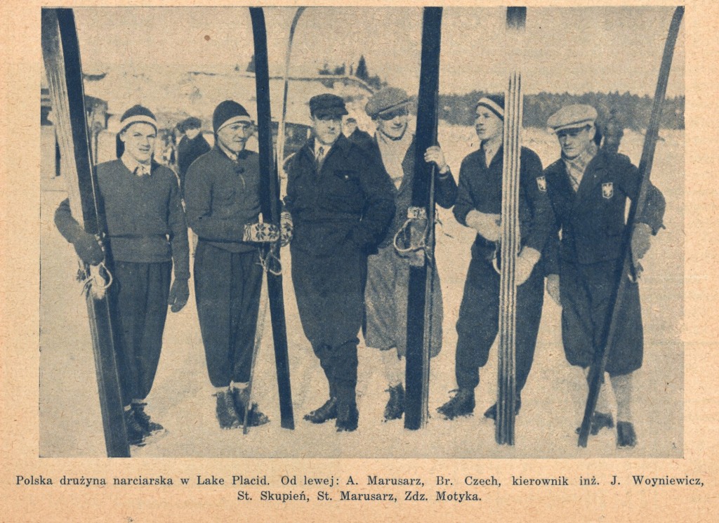 Polska reprezentacja w Lake Placid, 1932 rok: A. Marusarz, B. Czech, J. Woyniewicz, S. Skupień, S. Marusarz, Z. Motyka.