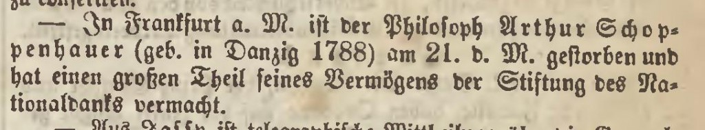 Notka prasowa informująca o śmierci Artura Schopenhauera. Zamieszczona w "Danziger Zeitung: Organ für Handel..., 1860.09.25 nr 714 - 21/25"