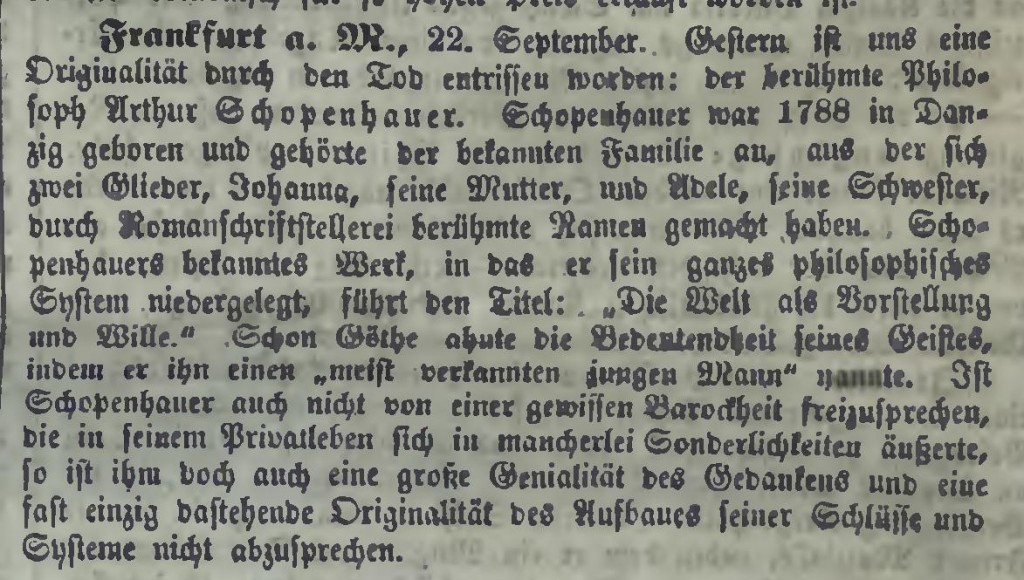 Notka prasowa informująca o śmierci Artura Schopenhauera. Zamieszczona w gazecie codziennej "Pommersche Zeitung: organ für Politik und Provinzial-Interessen.1860 …," s.1. Nr 450