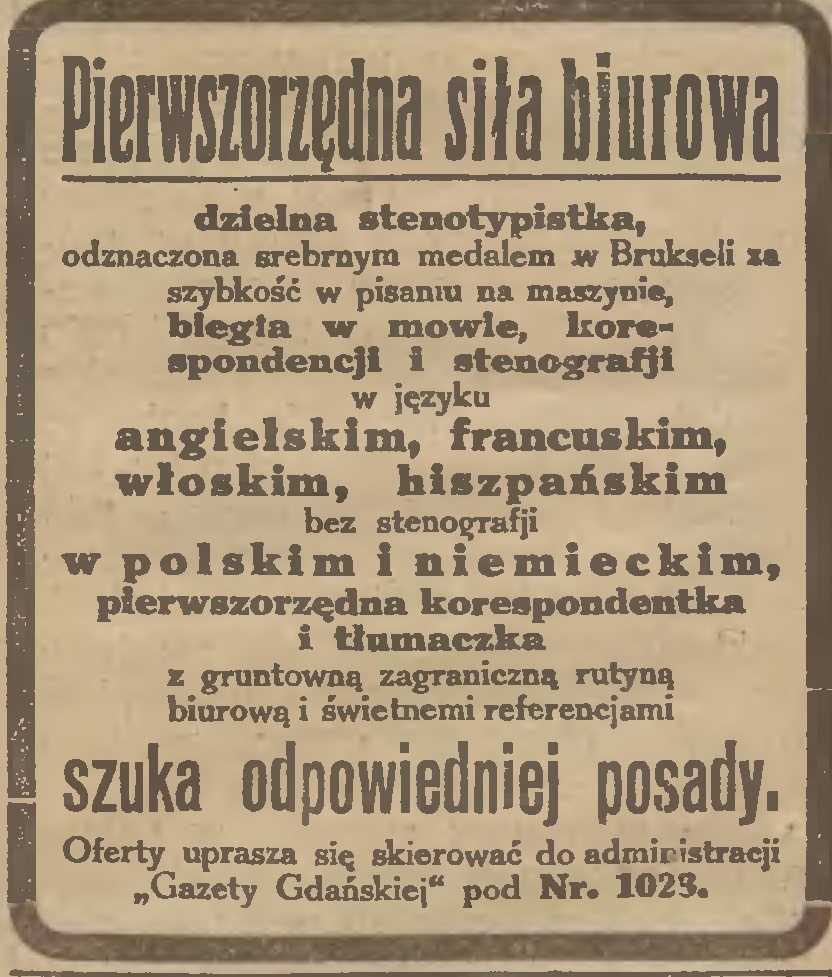 Ogłoszenie stenotypistki, w:Gazeta Gdańska, 1923.08.04 nr 174 http://pbc.gda.pl/dlibra/docmetadata?id=10422&from=publication