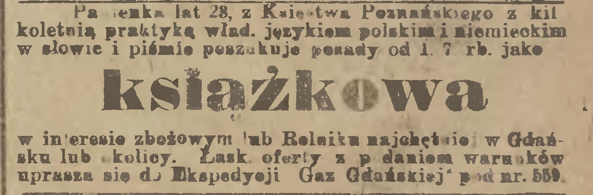 Ogłoszenie książkowej (księgowej), w: Gazeta Gdańska, 1919.05.18 nr 111, http://pbc.gda.pl/dlibra/docmetadata?id=7975&from=publication