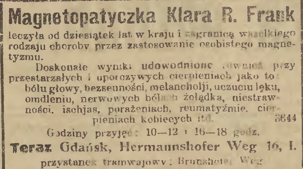 Oferta magnetopatyczki zamieszczona w: Gazeta Gdańska, Gazeta Morska, 1929.05.19 nr 88 http://pbc.gda.pl/dlibra/docmetadata?id=12738&from=publication