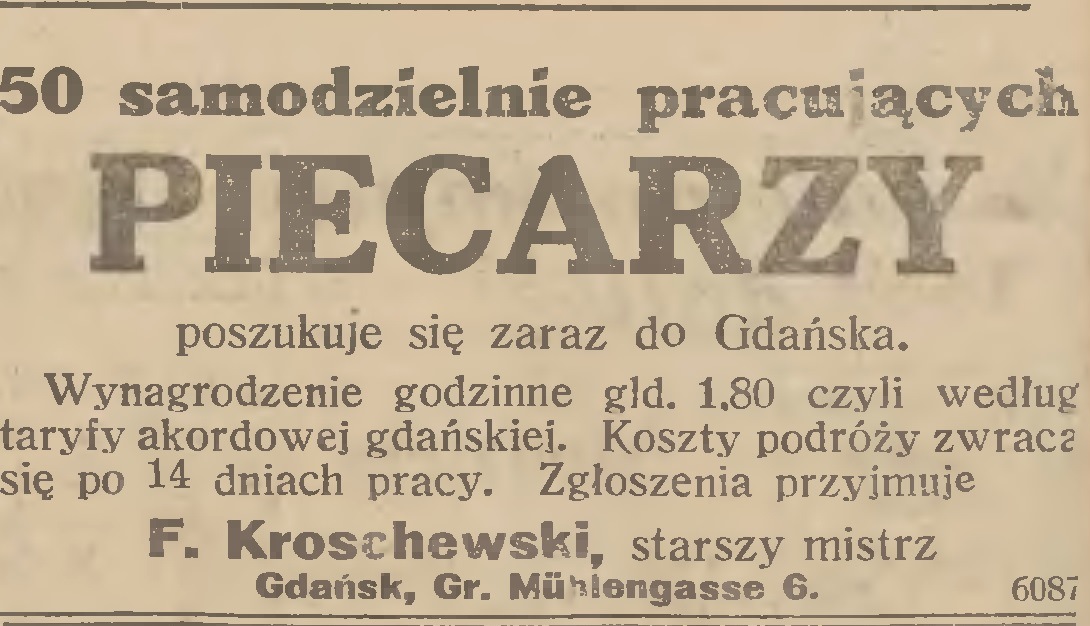 Ogłoszenie o pracy dla piecarzy w: Gazeta Gdańska, Gazeta Morska, 1929.10.20 nr 217 http://pbc.gda.pl/dlibra/docmetadata?id=13059&from=publication