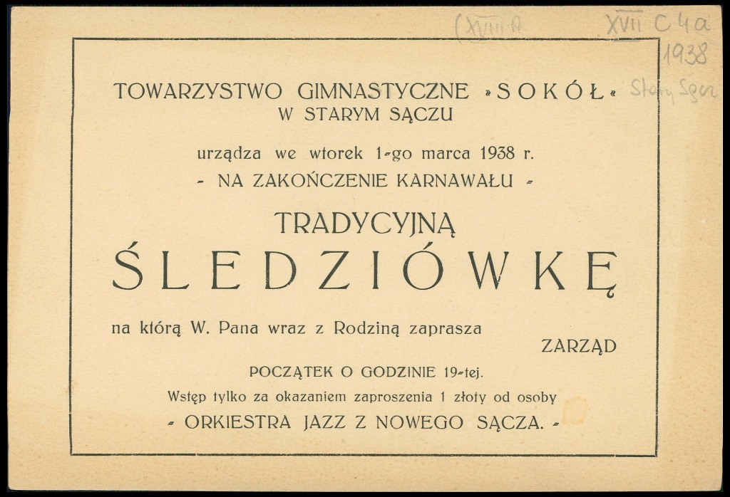 Towarzystwo Gimnastyczne "Sokół" zaprasza na tradycyjną śledziówkę 1. marca 1938 roku; polona.pl