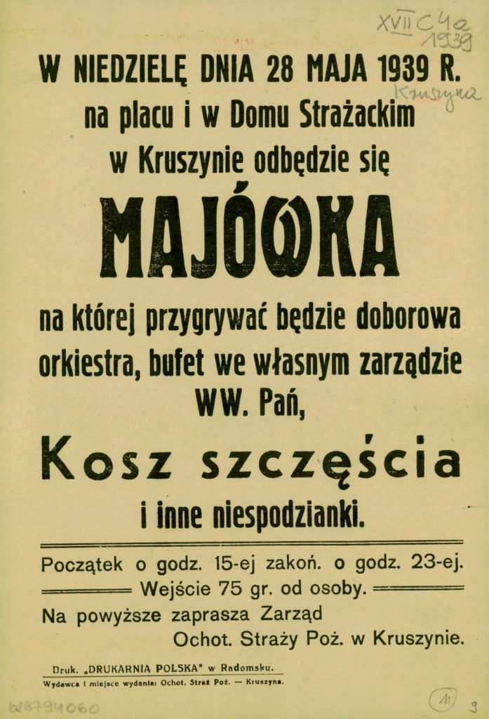 Afisz "Majówka w Kruszynia", 1939 polona.pl