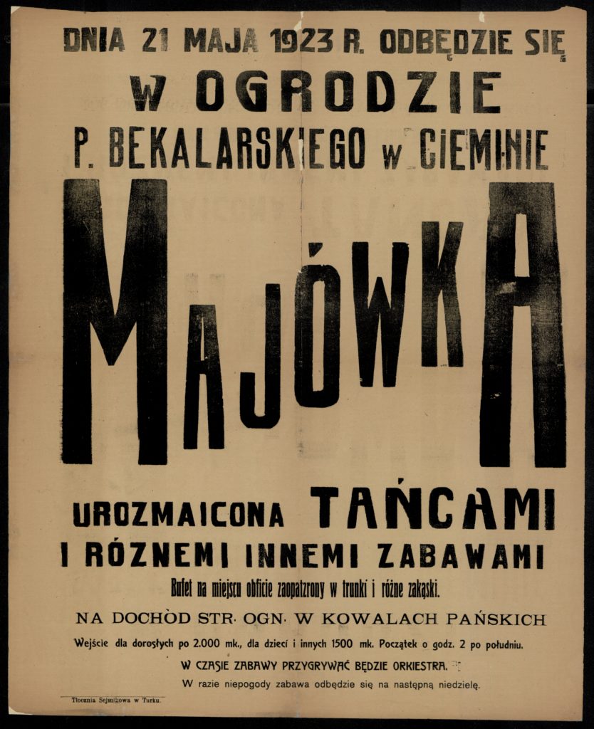 Afisz informujÄ…cy "Dnia 21 maja 1923 r. odbÄ™dzie siÄ™ w ogrodzie p. Bekalarskiego w Cieminie majÃ³wka urozmaicona taÅ„cami", 1923, polona.pl/item/afisz