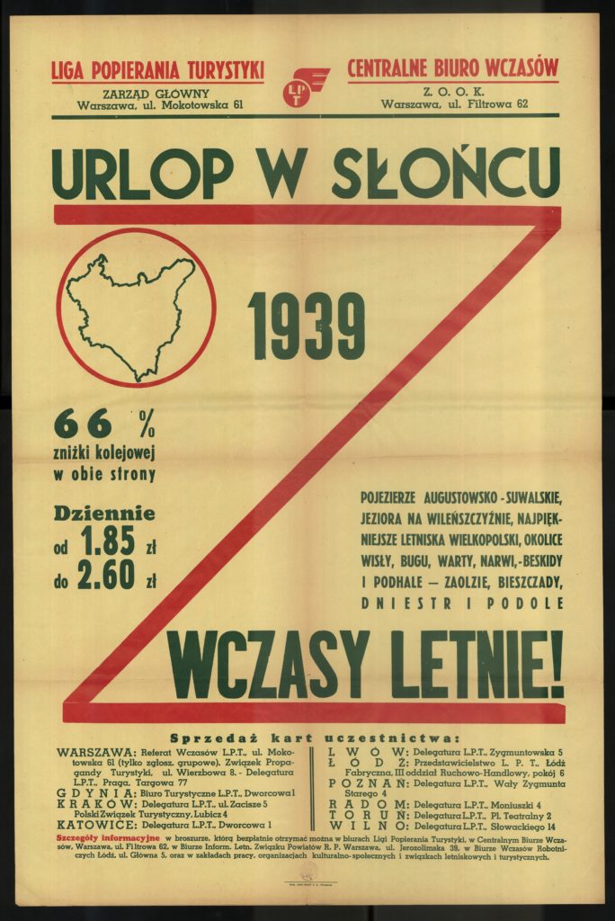 Urlop w słońcu! Folder Ligi popierania turystyki, Centralnego Biura Wczasów, 1939, polona.pl/item/urlop-w-sloncu