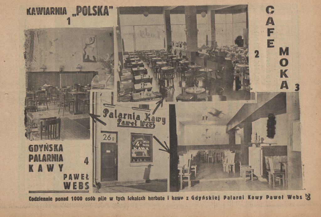Gdyńska palarnia kawy Paweł Webs, reklama w przewodniku po Wybrzeżu Bałtyckim, dodatku do Kuriera Bałtyckiego, 1939 rok, polona.pl
