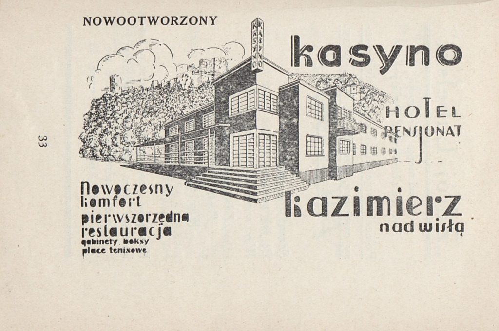 Hotel Kazimierz, reklama w przewodniku turystycznym po Kazimierzu Dolnym, 1932, polona.pl/item/przewodnik-po-kazimierzu-dolnym
