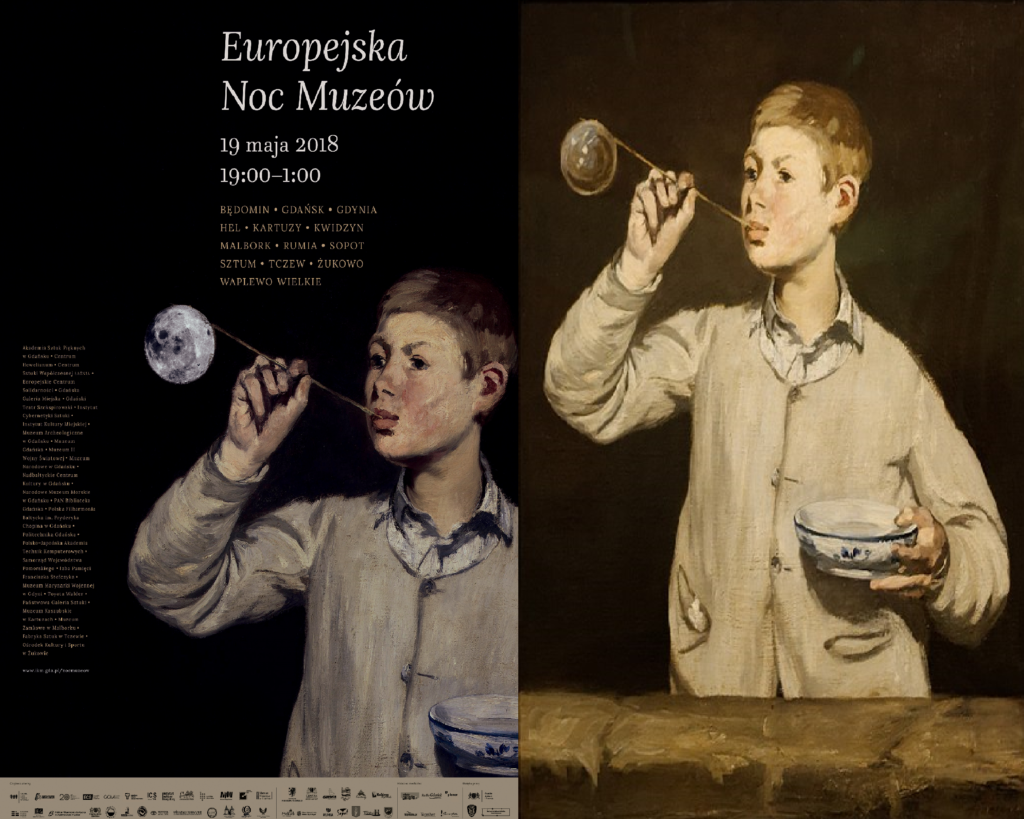 Hania Kmieć plakat Europejska Noc Muzeów 2018 i Eduardo Manet "Chłopiec puszczający bańki" 1867