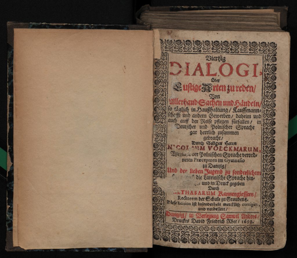 Strona tytułowa "Viertzig Dialogi" Mikołaja Volckmara, 1693, polona.pl