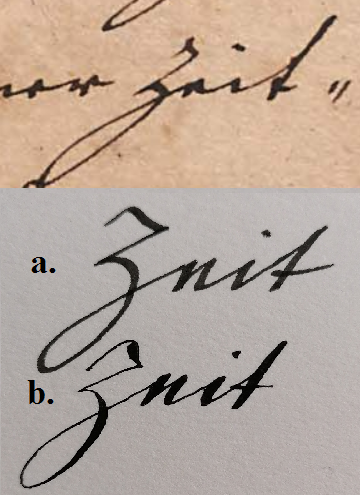 Zdj. 4. Na górze Hern Nathanael Iacob Gerlachs andere Reise (…), 1727-1728, słowo „Zeit” z folio 12, (źródło pbc.gda.pl), poniżej przykłady a. i b., wyk. Zuzanna Chróścik.