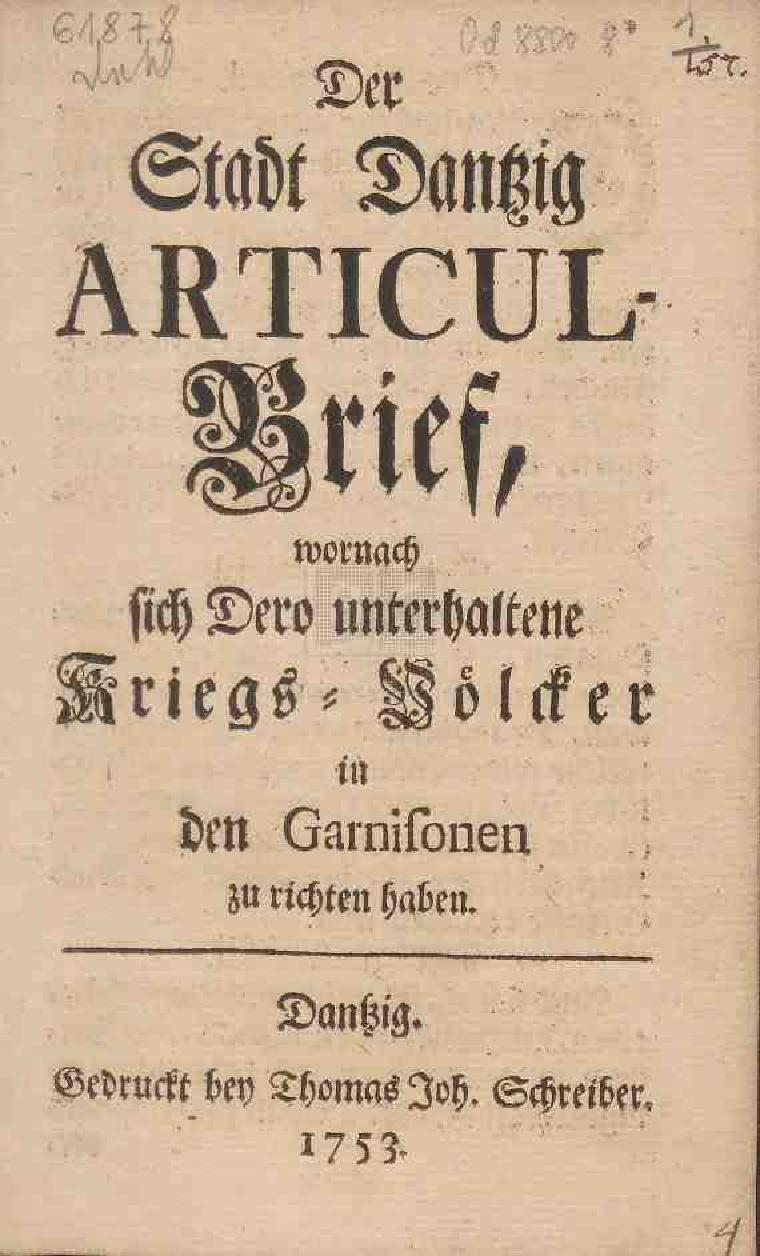 Strona tytułowa artukułów wojennych z 1753 roku.