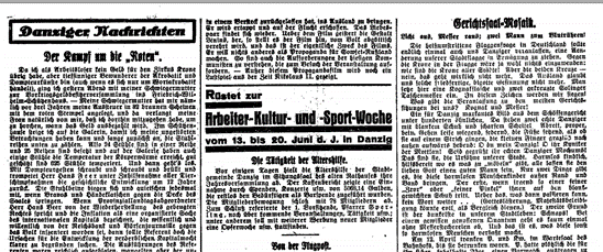 Fragment siódmej strony gazety Danziger Volksstime z dn 18. maja 1926 roku. Reportaż Richarda Teclawa.