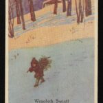 Mały chłopiec niesie przez zimowy las, na plecach małą choinkę. Na dole napis: Wesołych Świąt.