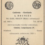 Reklama Cukierni-Kawiarni A. Brunies, ul. Langenmartk 29, w: Ilustrowany Przewodnik po Gdańsku, 1927; polona.pl/item/1305483/37/