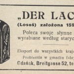 Reklama restauracji "Der Lachs" na ul. Breitgasse 52 (ob. ul. Szeroka), Ilustrowany Przewodnik po Gdańsku, Warszawa, 1927 rok; polona.pl/item/1305483/16/