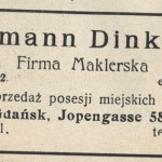 Reklama Firmy Maklerskiej Hermanna Dinklage, ul. Piwna 58 (Jopengasse 58), Gdańsk, w: Ilustrowany Przewodnik po Gdańsku, 1927 rok. polona.pl/item/1305483/28/
