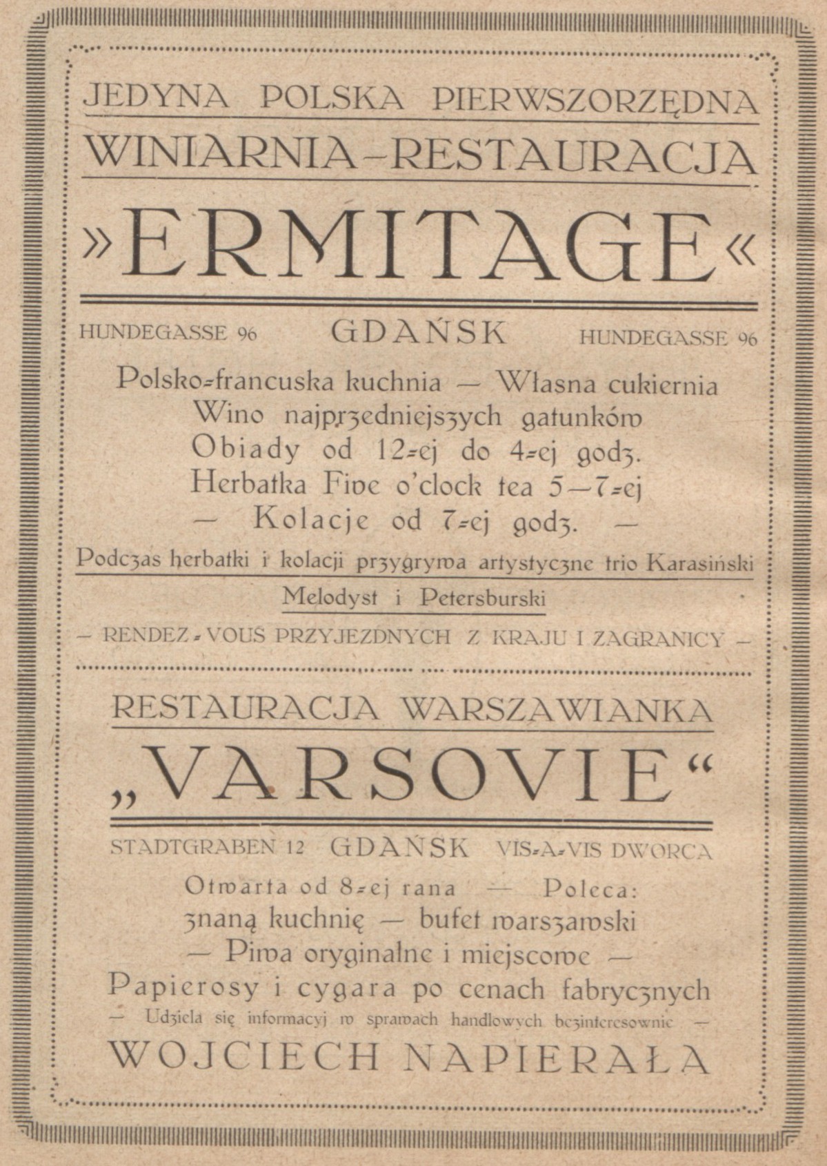 Reklama restauracji "Ermitage", Hundegasse 96 (ob. ul. Ogarna), Ilustrowany przewodnik po Gdańsku i okolicy, 1921, polona.pl/item/1329252/39/