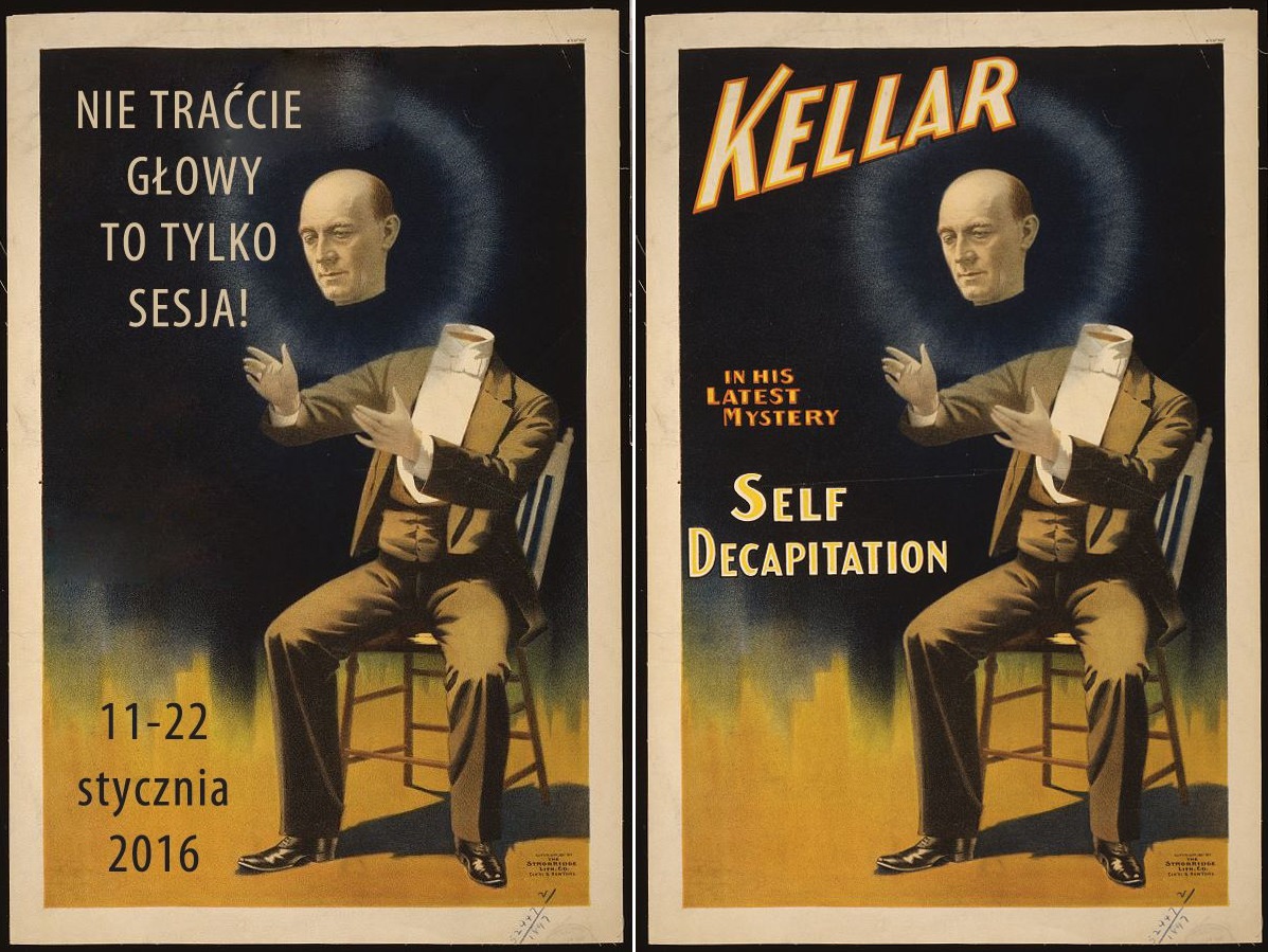Lewa strona - grafika promująca specjalne godziny otwarcia biblioteki w czasie sesji. Grafika inspirowana plakatem z 1900 roku Harry'ego Kellara. Znalezionego w serwisie publicdomainreview.org
