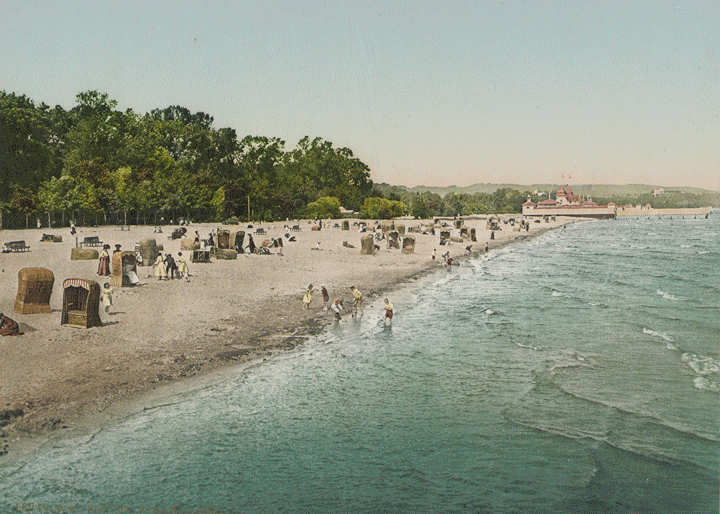 gif by Joanna Michniewska; oryg. pocztówka ze zbiorów PAN BG, widok na plażę w Sopocie; XIX;