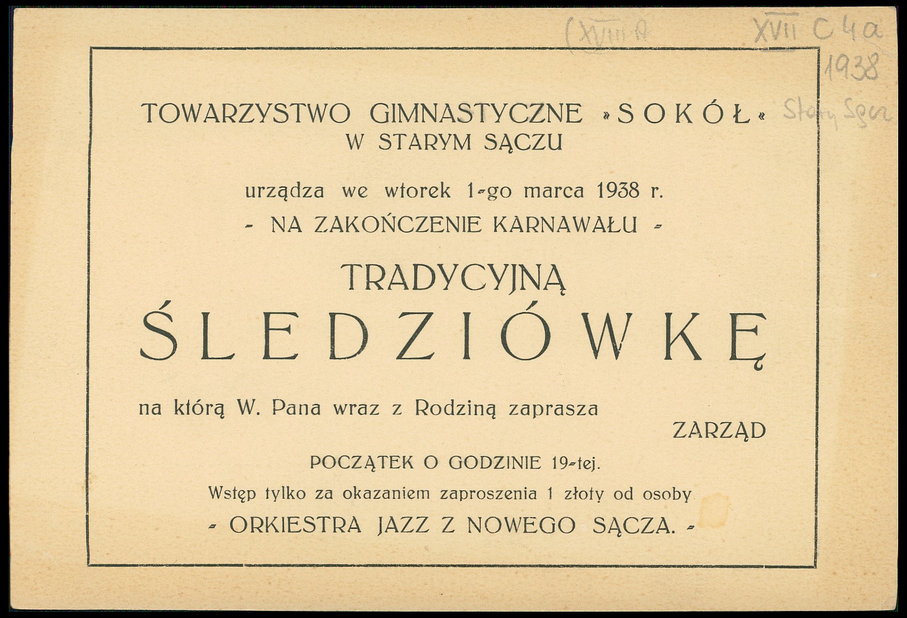 Towarzystwo Gimnastyczne "Sokół" zaprasza na tradycyjną śledziówkę 1. marca 1938 roku; polona.pl