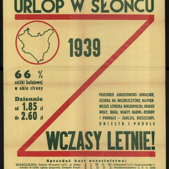 Urlop w słońcu! Folder Ligi popierania turystyki, Centralnego Biura Wczasów, 1939, polona.pl/item/urlop-w-sloncu