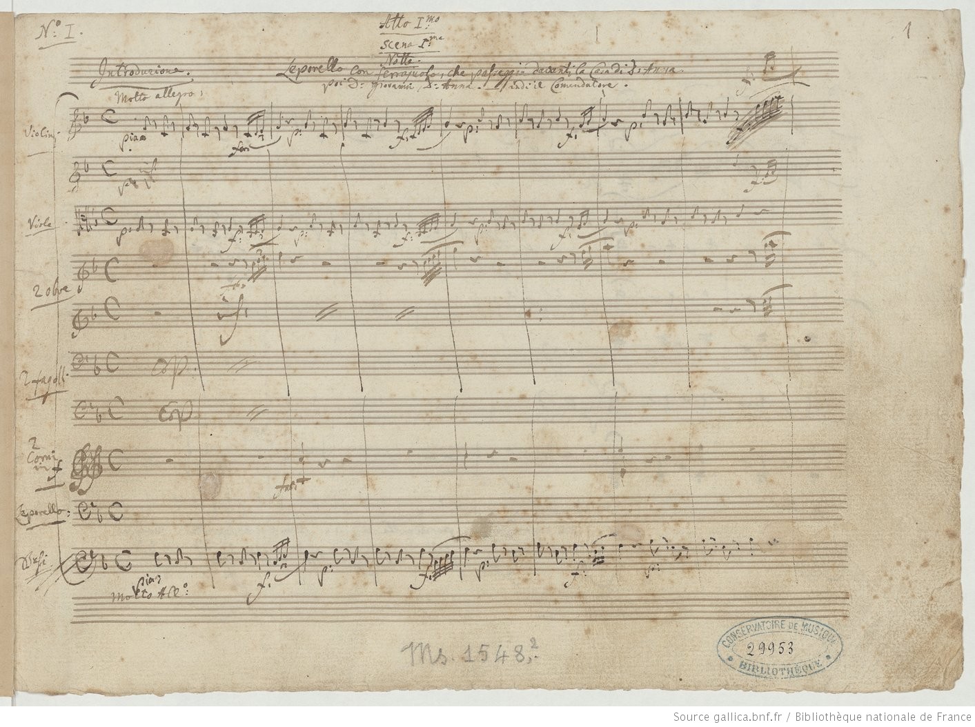 Wolfgang Amadeusz Mozart, rękopis, Don Giovanni, scena 1, 1787-88; gallica.bnf.fr