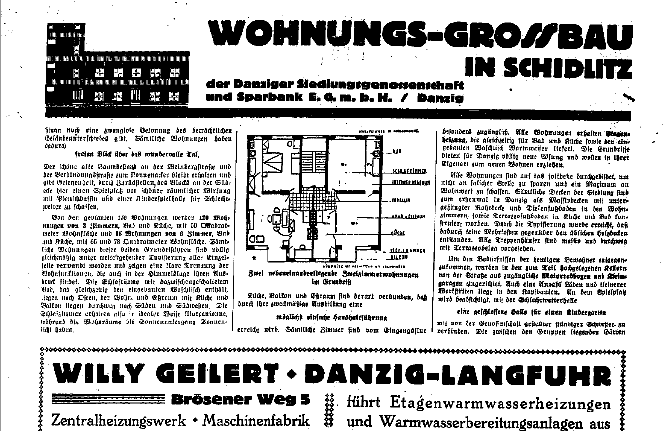 Rzut mieszkania dwupokojowego pokazujący rozkład pomieszczeń, Danziger Volksstimme, 28 września 1929