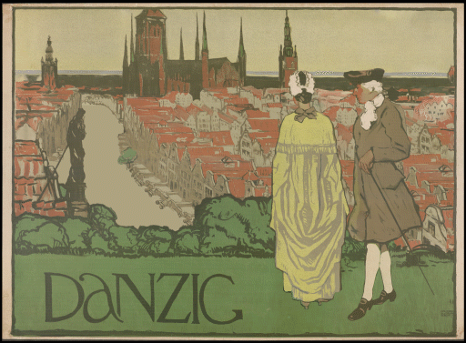 Para spogląda na panoramę Gdańska z pocz XX wieku, Kolorowy rysunek, plakat reklamowy.