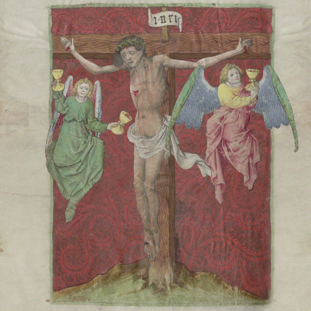 Zaanimowana XV wiezna ilustraja przedstawiająca ukrzyżowanie Jezusa.