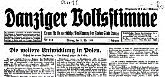 Fragment pierwszej strony gazety Danziger Volksstime z dn 18. maja 1926 roku. Reportaż Richarda Teclawa.