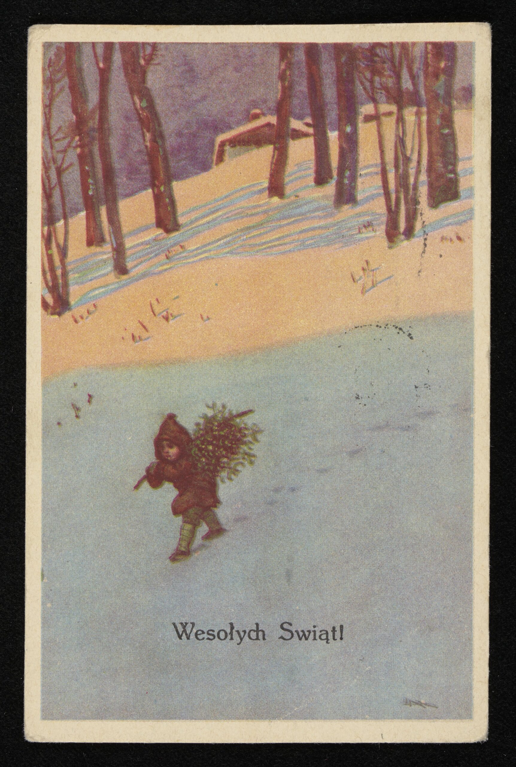 Mały chłopiec niesie przez zimowy las, na plecach małą choinkę. Na dole napis: Wesołych Świąt.