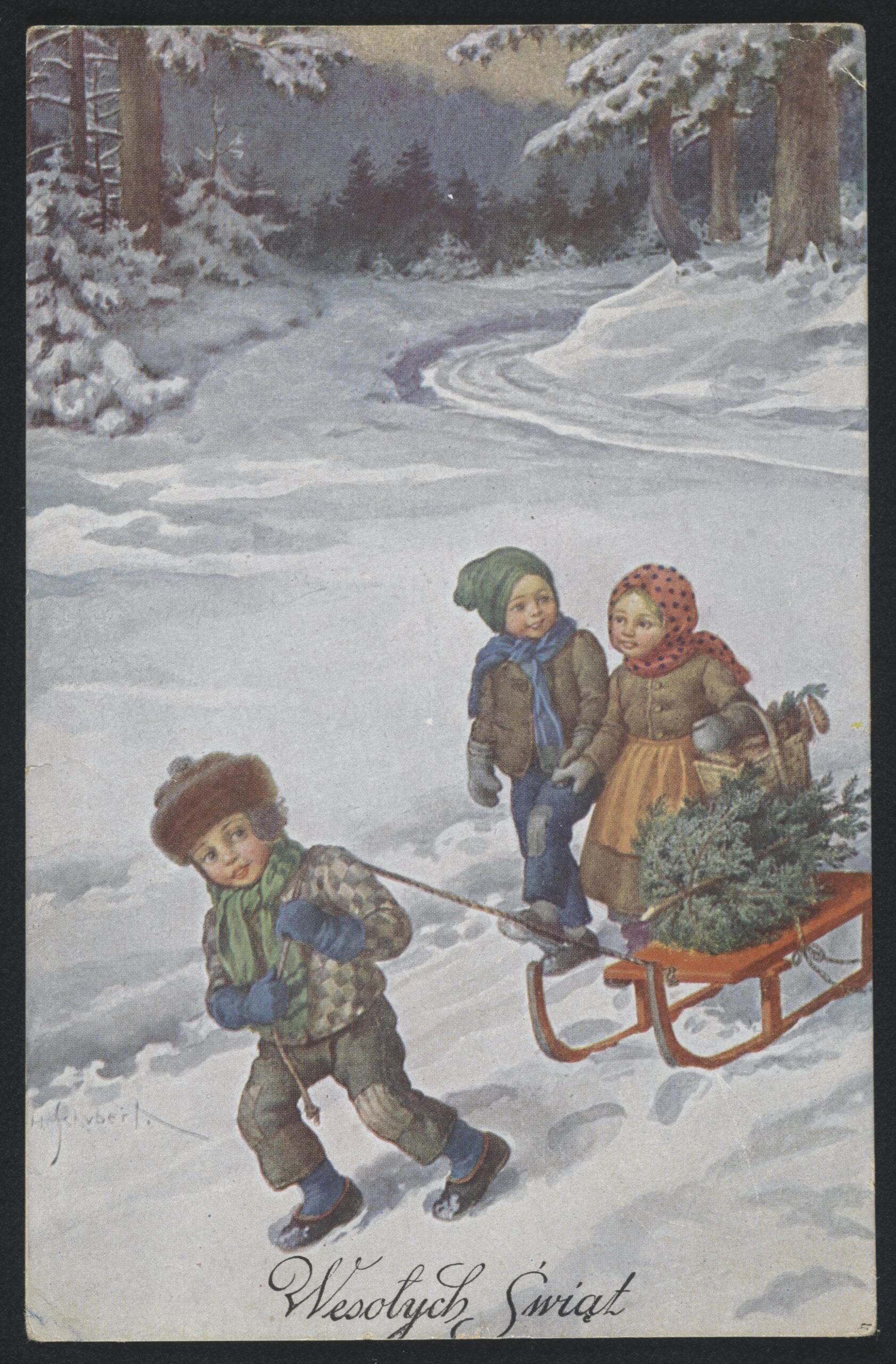 Pocztówka zimowa. Dzieci ciągną na sankach choinkę.