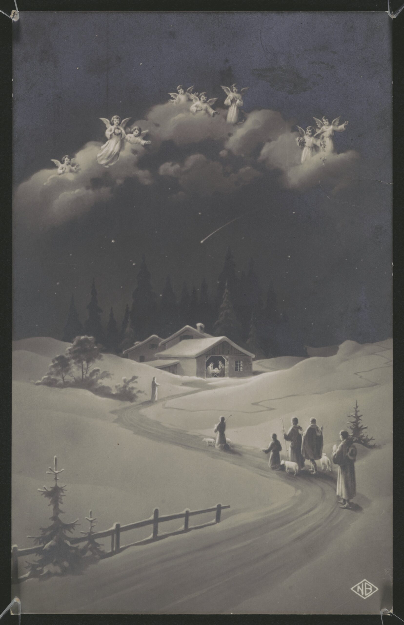 Zimowa noc. Pasterze idący do oświetlonej gwiazdą betlejemską stajenki i znajdującej się tam świętej rodziny.